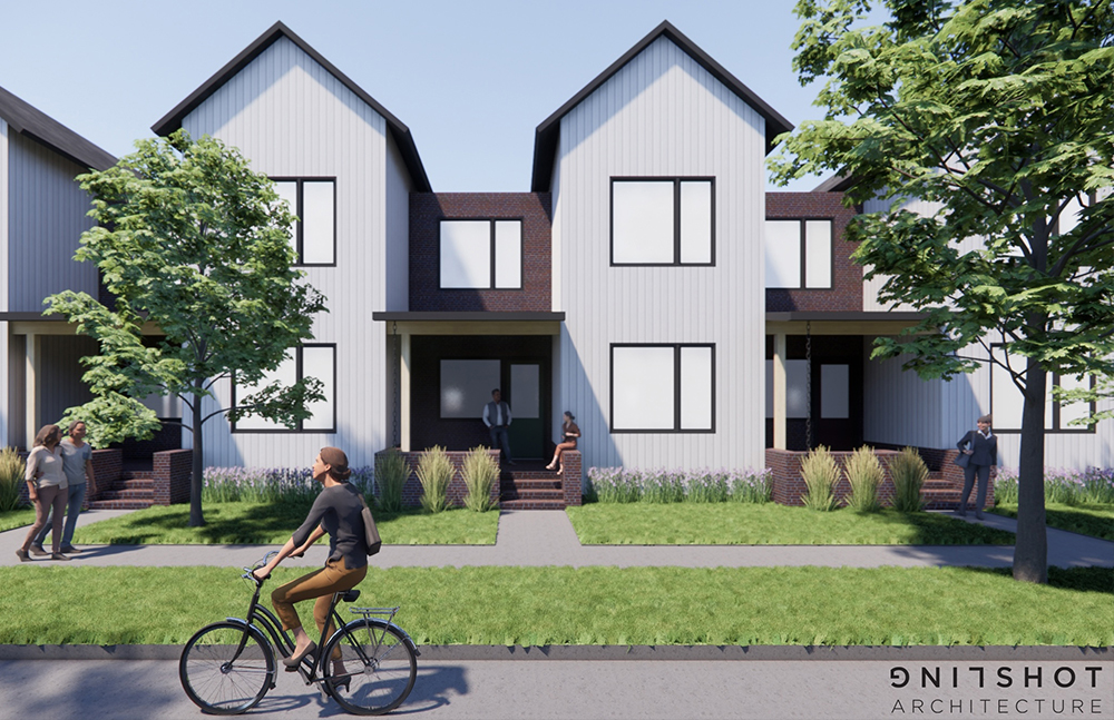 Front elevation rendering of Grove Park Rowhomes showing gable roofs of residential units with green spaces and trees and a person on a bike in the foreground